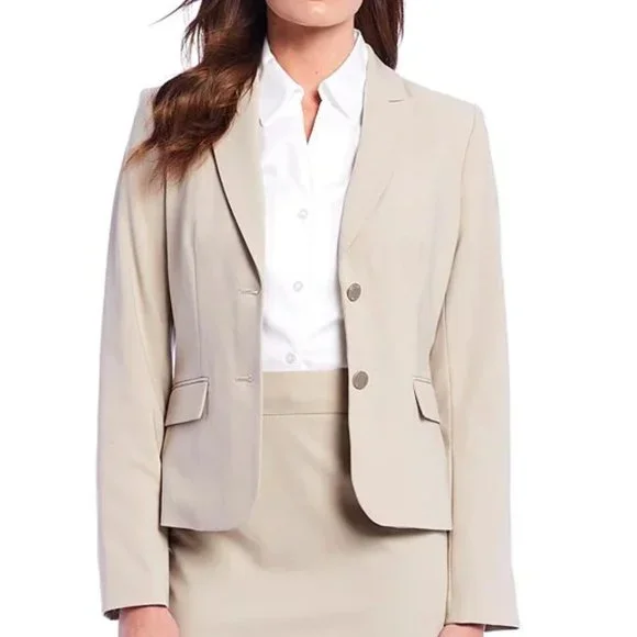 Calvin Klein Tan Petite Notch Collar Long Sleeve Blazer With Gold Buttons - Picture 2 of 10